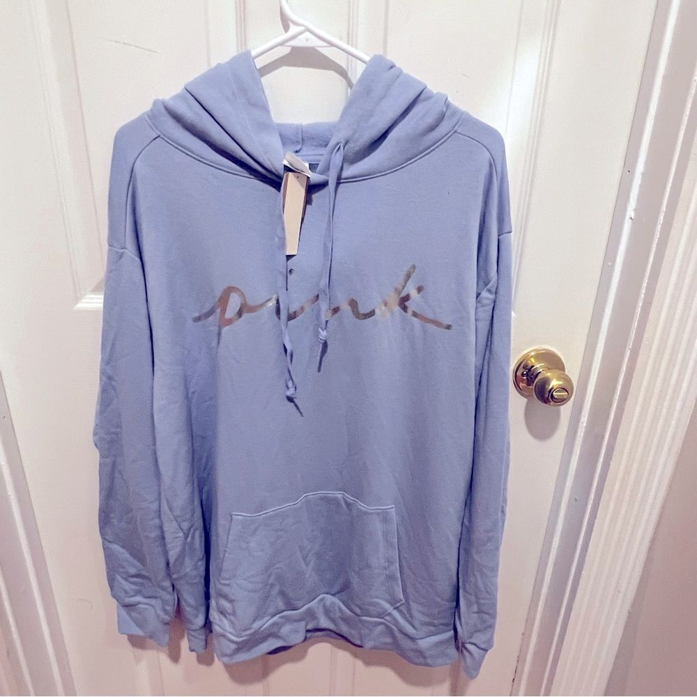NWT Victoria Secrets PINK Foil Fleece Campus Hoodie sz Large baby blue‎ - Picture 5 of 10